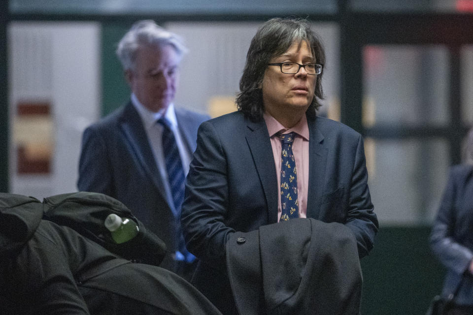 Defendants memorabilia seller Edward Kosinski, right, and Rock & Roll Hall of Fame curator Craig Inciardi, left, arrive at Supreme Court, Monday, Feb. 26, 2024, in New York. The trial surrounding pages of draft lyrics to "Hotel California" and other Eagles hits is set to feature a star witness: Don Henley. The Eagles co-founder is scheduled to testify Monday at the criminal trial of three collectibles professionals. (AP Photo/Mary Altaffer)