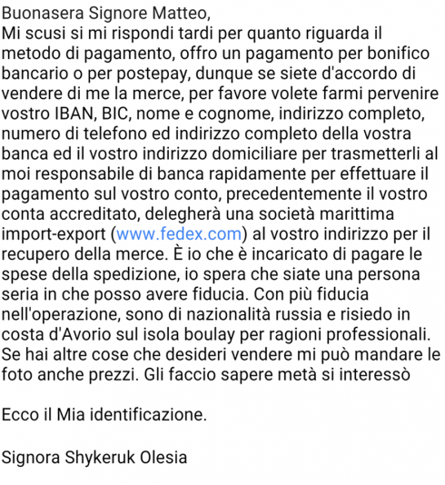 Il messaggio fasullo con FedEx (foto: Polizia Postale)