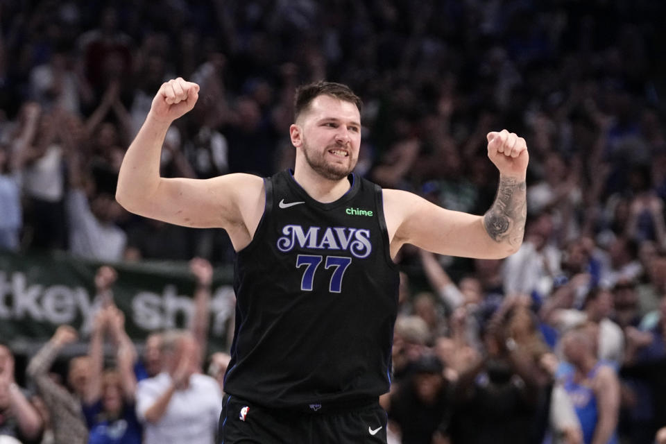 Dallas Mavericks guard Luka Doncic celebrates in the second half of Game 6 of a second-round NBA basketball playoff series against the Oklahoma City Thunder on Saturday, May 18, 2024, in Dallas.  (AP Photo/Tony Gutierrez)