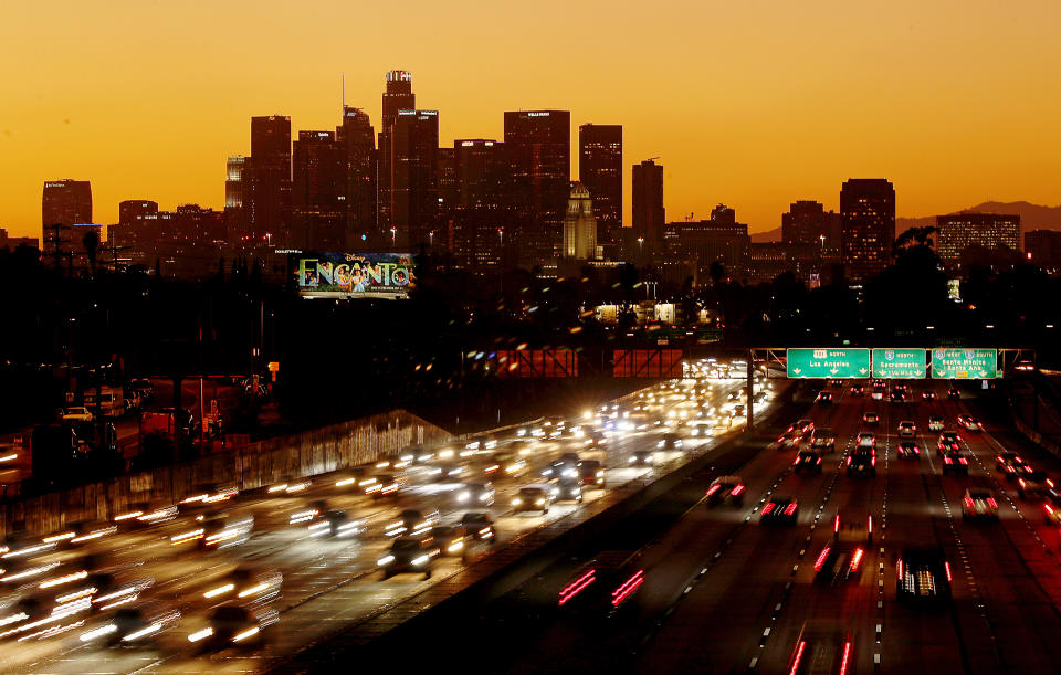 Traffic streams along the San Bernardino Freeway in Los Angeles 