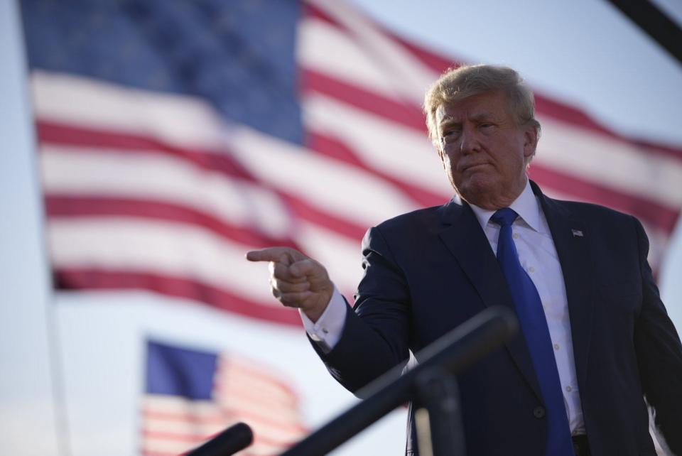 Former President Donald Trump addresses the crowd in Delaware, Ohio on Saturday, April 22, 2022.