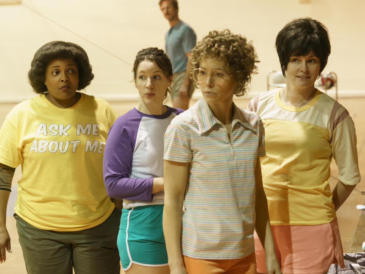 Candy (Jessica Biel, center with glasses) and her friends on Hulu's drama "Candy."