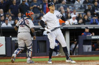 New York Yankees' Aaron Judge reacts after striking out against the Houston Astros to end the second inning in Game 3 of baseball's American League Championship Series Tuesday, Oct. 15, 2019, in New York. (AP Photo/Matt Slocum)