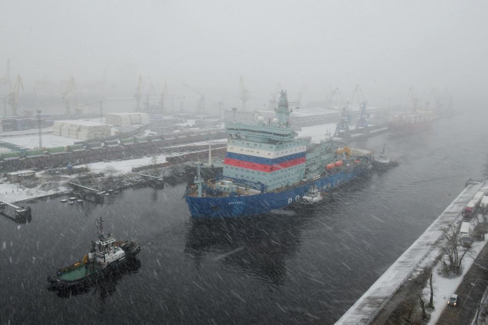 Nuclear-powered icebreaker Arktika returns to Saint Petersburg on December 14, 2019, after tests. / Credit: OLGA MALTSEVA/AFP/Getty