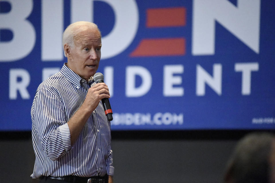 Former Vice President Joe Biden speaks, Wednesday, Aug. 28, 2019, at a town hall for his Democratic presidential campaign in Spartanburg, S.C. (AP Photo/Meg Kinnard)