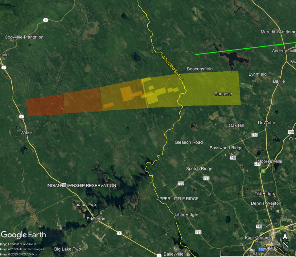 A map of the "strewn field" shows where the meteorites may have landed based on radar signatures after the first radar-observed meteor fall occurred in Maine on April 8, 2023. NASA's ARES lab confirmed radar signatures that support the meteor sightings across Washington County in Maine and New Brunswick, Canada.