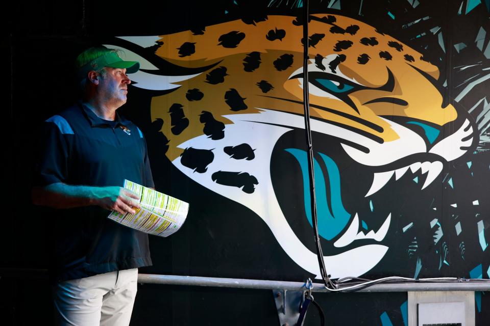 Jacksonville Jaguars head coach Doug Pederson looks on from the tunnel before taking to the field before an NFL football game against the Houston Texans Sunday, Oct. 9, 2022 at TIAA Bank Field in Jacksonville. The Texans won 13-6. 