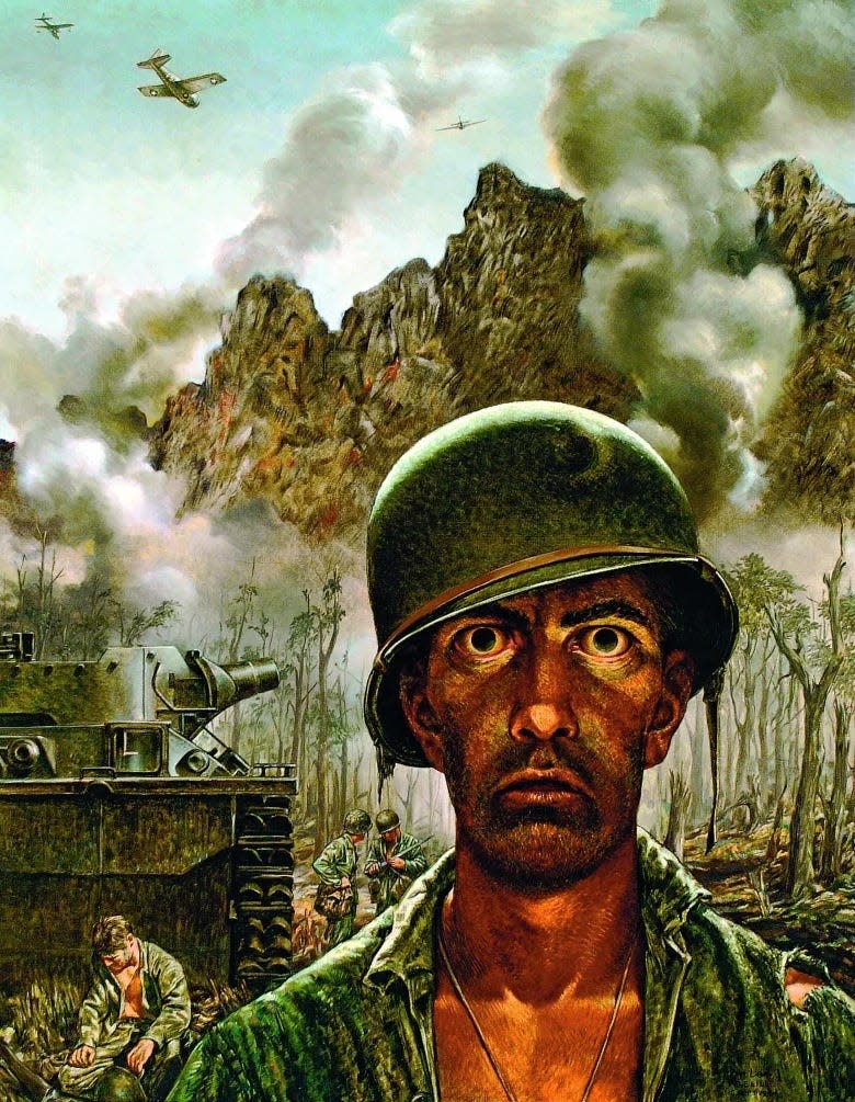 Tom Lea’s World War II painting, titled “Marines Call It That 2,000 Yard Stare,” is displayed in Fredricksburg.