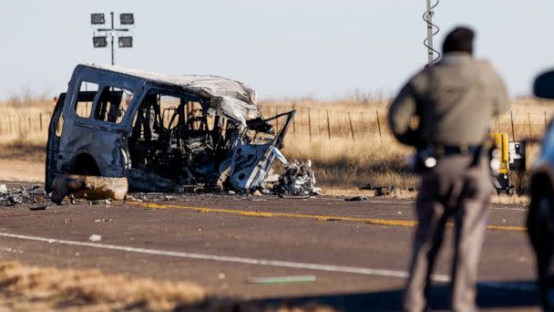 PHOTO: Texas Department of Public Safety Troopers look over the scene of a fatal wreck involving a van carrying members of the University of the Southwest men's and women's golf teams in Andrews County, Texas, March 16, 2022. (Eli Hartman/Odessa American via AP, FILE)