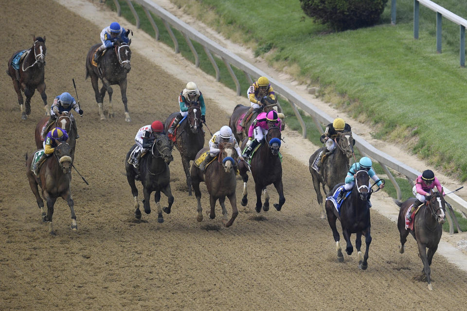 War of Will, ridden by Tyler Gaffalione, right, prepares to win the Preakness Stakes horse race at Pimlico Race Course, Saturday, May 18, 2019, in Baltimore. (AP Photo/Nick Wass)