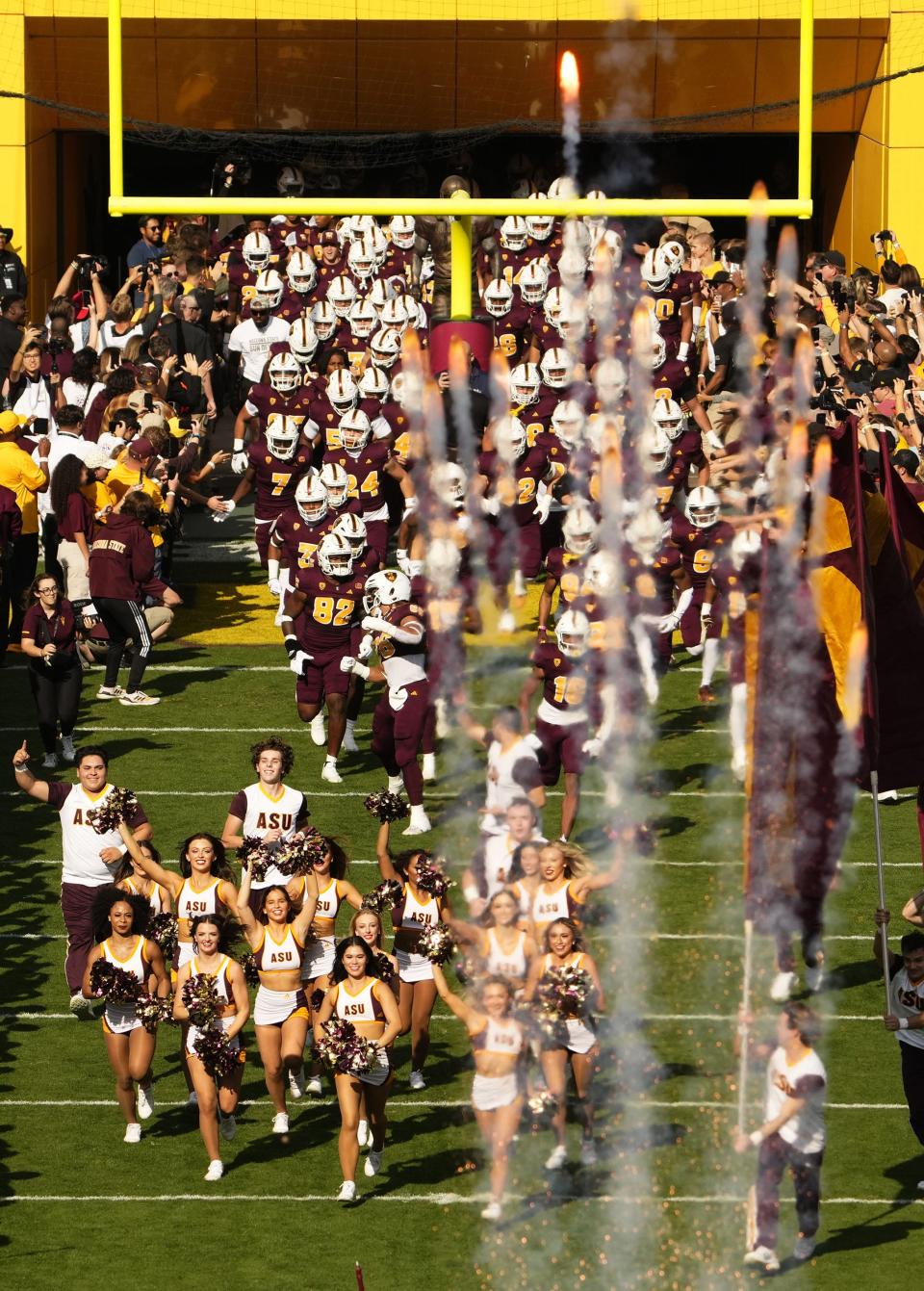 The Arizona State Sun Devils take the field to play the Oregon Ducks at Mountain America Stadium in Tempe on Nov. 18, 2023.