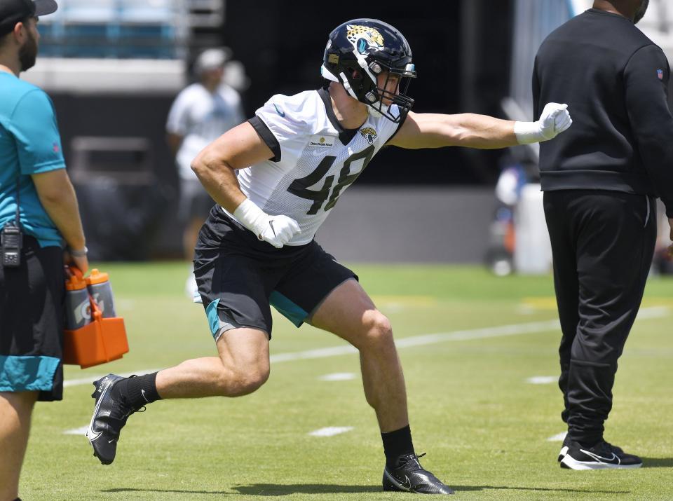 Jaguars (48) LB Chad Muma during drills at Friday's Rookie Minicamp session. The Jacksonville Jaguars held their first Rookie Minicamp on the turf of TIAA Bank Field Friday afternoon, May 13, 2022. Among those in attendance were the team's 2022 draft picks. [Bob Self/Florida Times-Union]