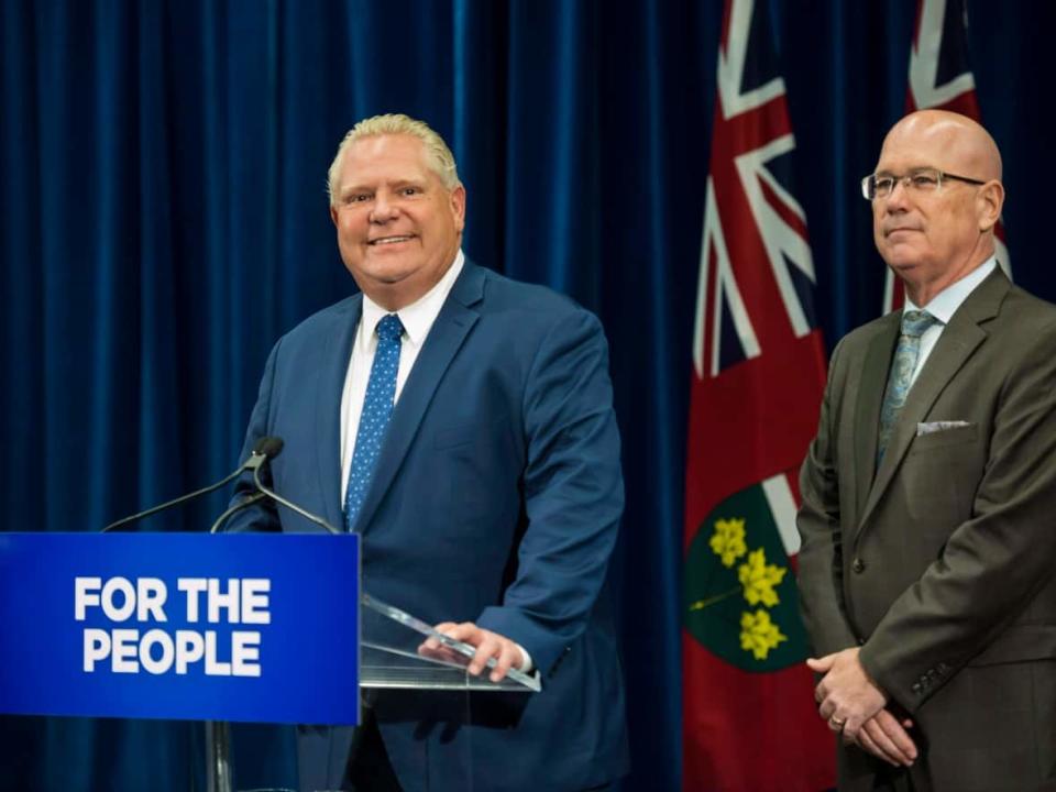 Premier Doug Ford, left, and his Minister of Municipal Affairs and Housing, Steve Clark, say Ontario&#39;s cities must speed up approvals for new housing developments as a means of boosting the supply of homes.  (Christopher Katsarov/The Canadian Press - image credit)