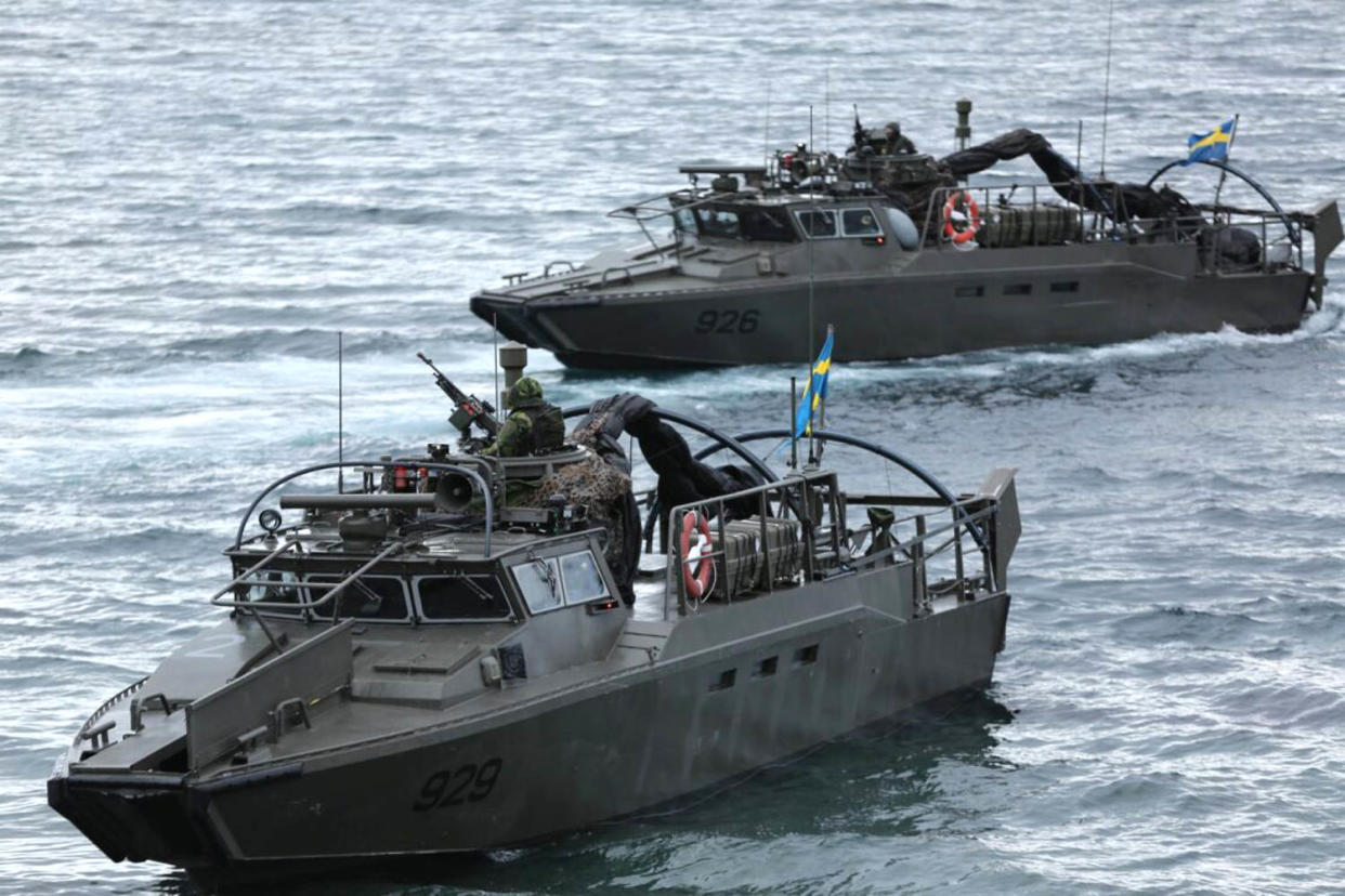Swedish combat boats approach the Norwegian coast during an amphibious assault exercise. (Carlo Angerer / NBC News)