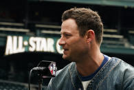 American League starting pitcher Gerrit Cole, of the New York Yankees, speaks during an All-Star Game press conference, Monday, July 10, 2023, in Seattle. The All-Star Game will be played Tuesday, July 11. (AP Photo/Lindsey Wasson)