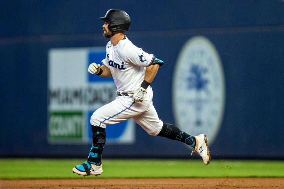 Miami Marlins base runner Jon Berti (5) doubles during the third inning of an MLB game against the Colorado Rockies at loanDepot park in the Little Havana neighborhood of Miami, Florida, on Thursday, June 23, 2022.