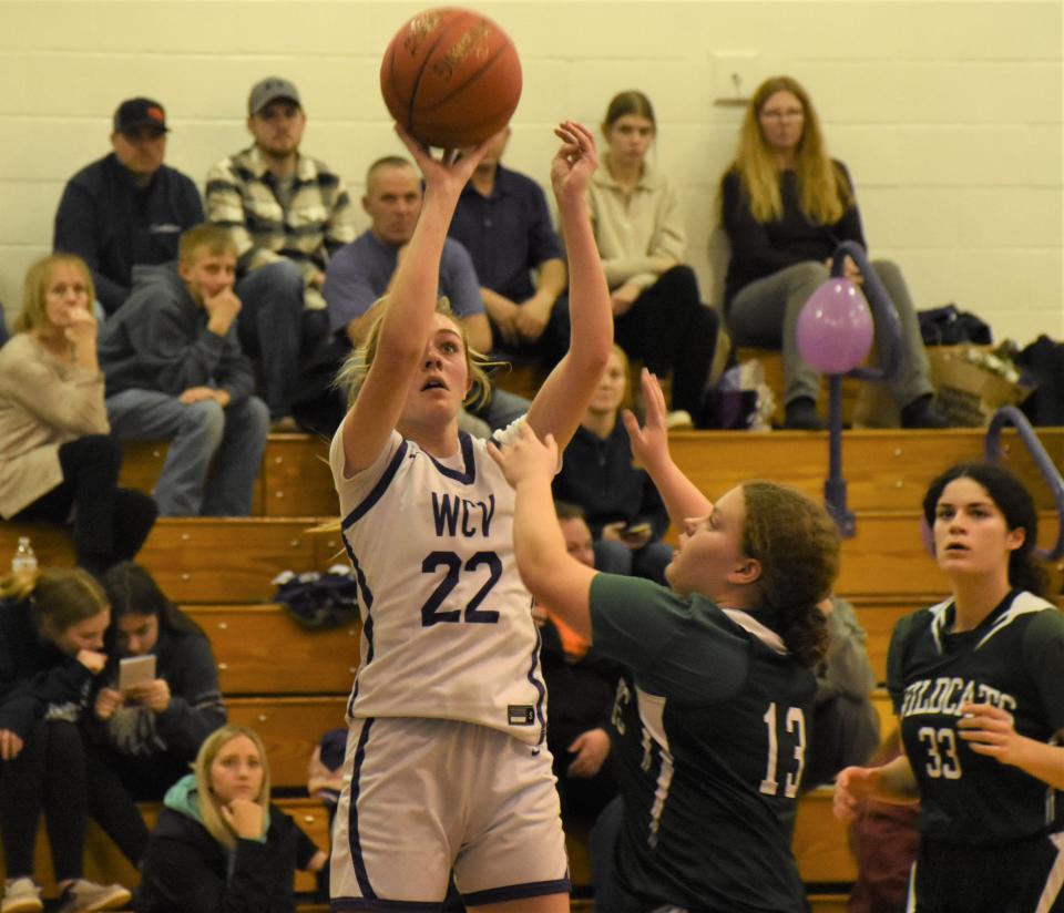 West Canada Valley Indian Reese Fellows (22) puts up a shot during the second half of Wednesday's game against Adirondack. Fellows had 23 points and 15 rebounds in a 54-30 victory and reached a milestone with the 1,000th rebound of her varsity career.