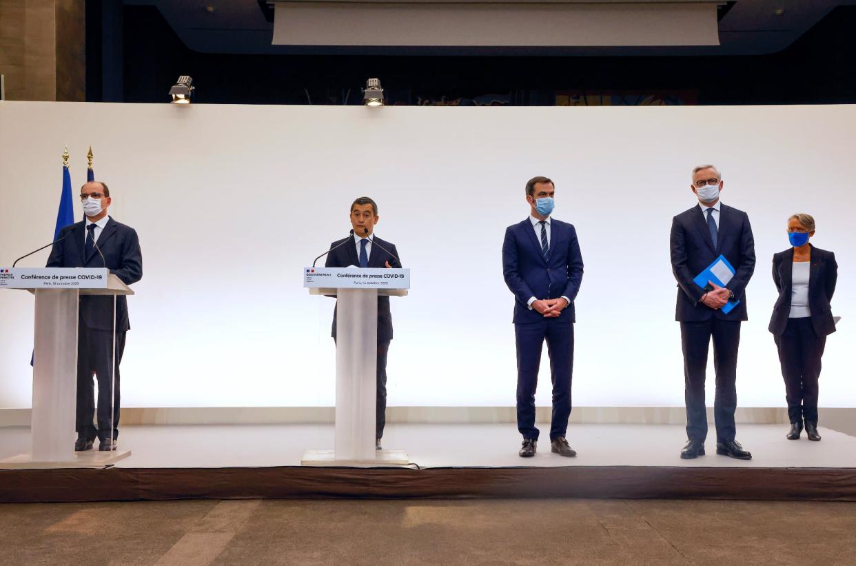 Jean Castex, Gérald Darmanin, Olivier Véran, Bruno Le Maire et Elisabeth Borne, le 15 octobre 2020. - Ludovic MARIN / POOL / AFP