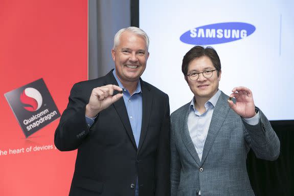 Keith Kressin, senior vice president of product management at Qualcomm and Ben Suh, senior vice president of foundry marketing, System-LSI at Samsung Electronics Co. LTD. announce the new Snapdragon 835 processor in New York City.