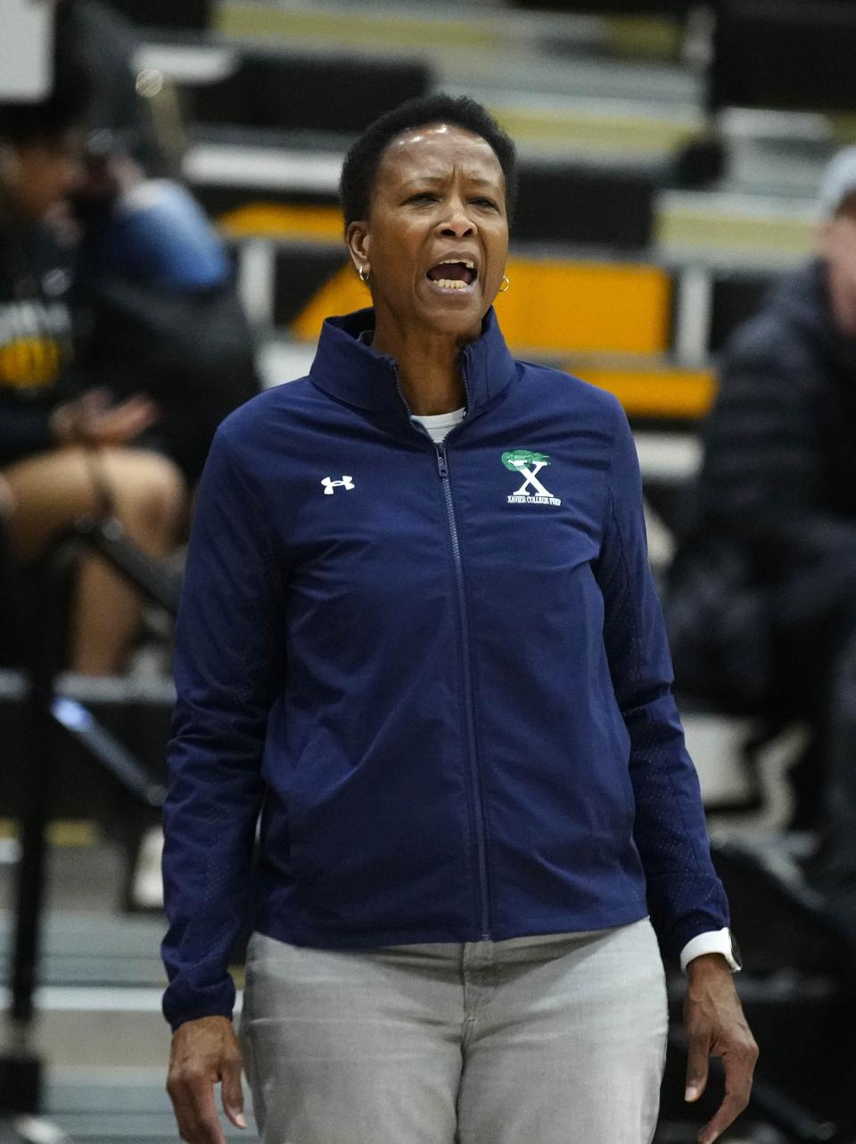 Xavier Prep head coach Jennifer Gillom calls out to her team during a game against Gilbert at Gilbert High School in Gilbert, Ariz., on Jan. 9, 2024.