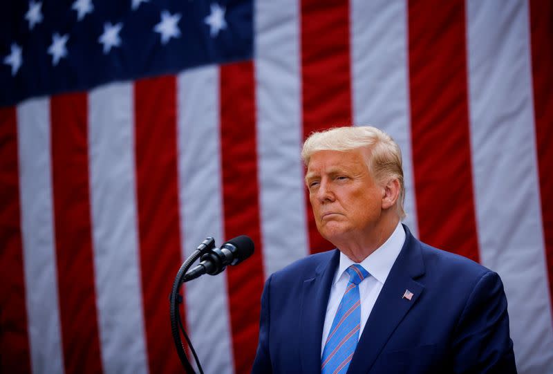 U.S. President Trump speaks about coronavirus testing plan in the Rose Garden at the White House in Washington