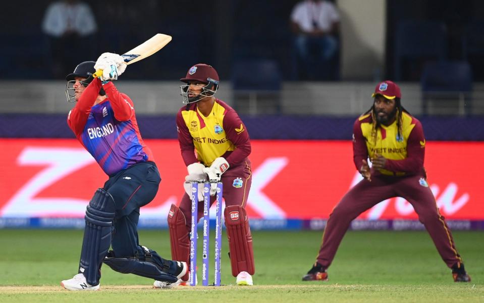 Jason Roy of England plays a shot during the ICC Men's T20 World Cup match between England and Windies at Dubai International Stadium on October 23, 2021 in Dubai, United Arab Emirates. - GETTY IMAGES