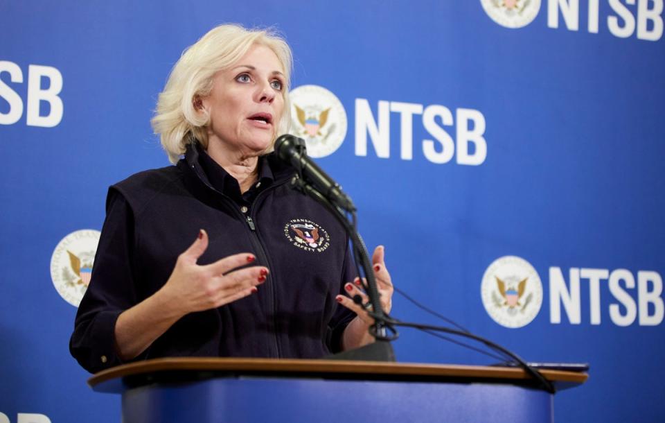 National Transportation Safety Board Chair Jennifer Homendy speaks to the media about the investigation on Alaska Airlines flight 1282 in Portland, Oregon Saturday 6 January 2024. (AP Photo/Craig Mitchelldyer) (Copyright 2024 The Associated Press. All rights reserved.)