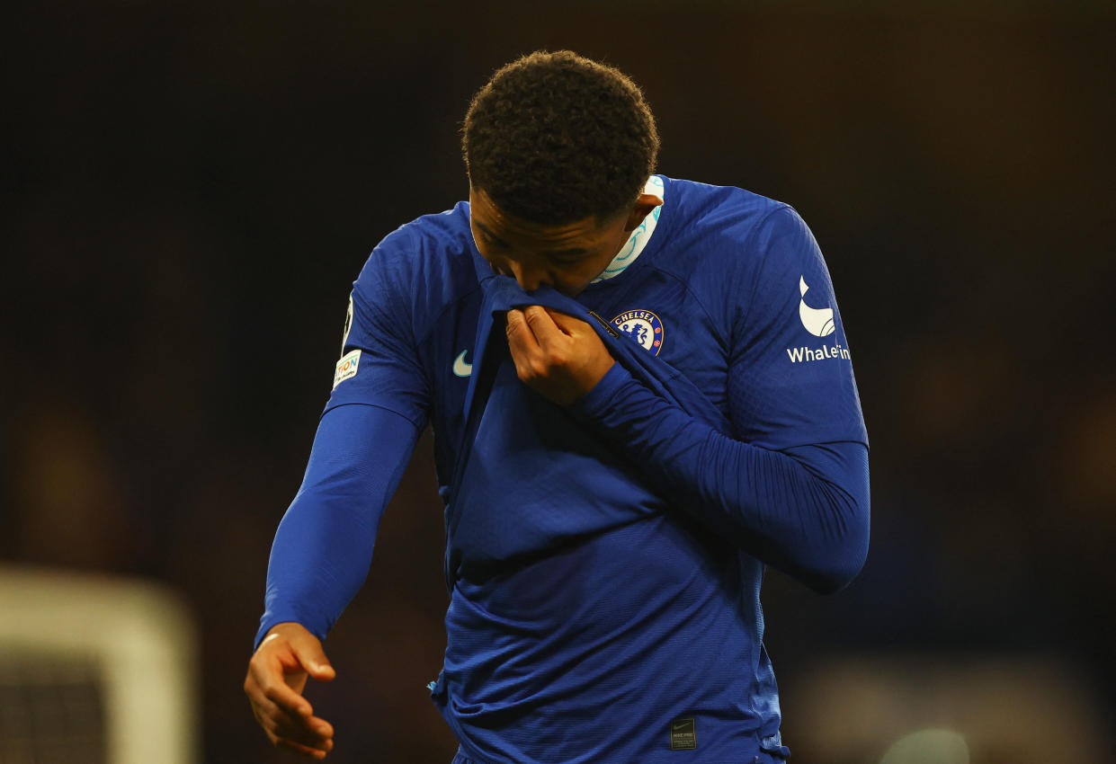 Chelsea's Wesley Fofana reacts after their exit from the Champions League. 