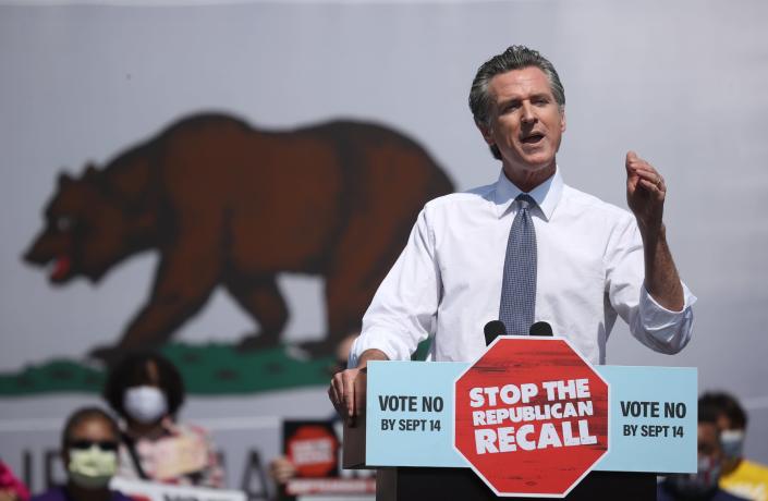 California Gov. Gavin Newsom speaks during a No on the Recall campaign event with U.S. Vice President Kamala Harris at IBEW-NECA Joint Apprenticeship Training Center on September 08, 2021 in San Leandro, California (Getty Images)
