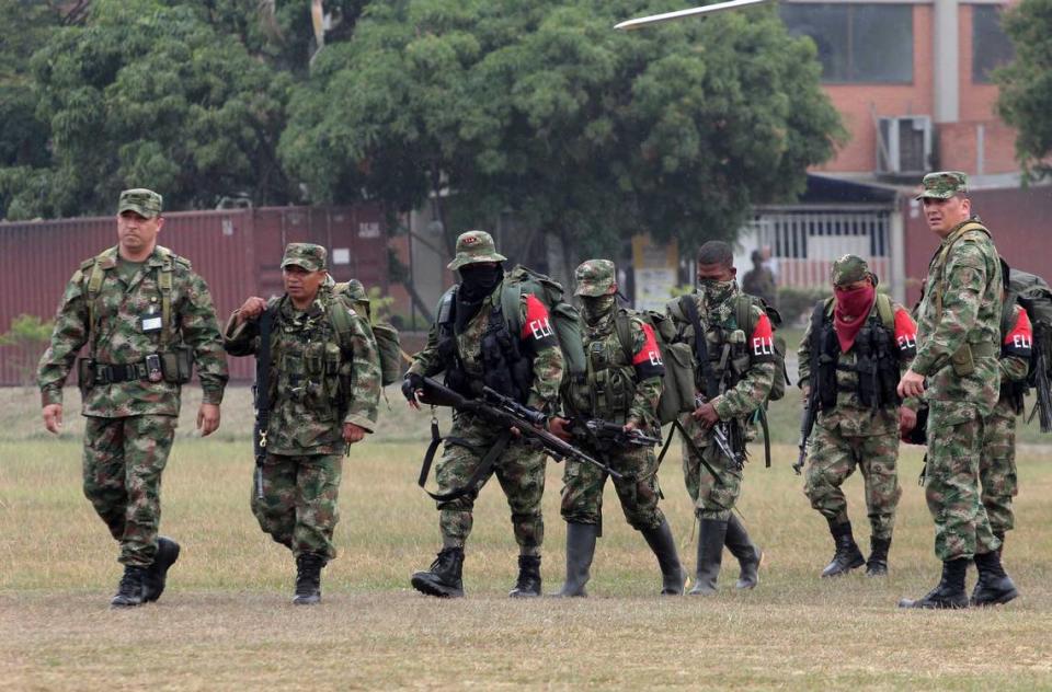 Soldiers, left and right, escort rebels of the National Liberation Army, ELN, who gave themselves up upon their arrival to a military base in Cali, Colombia. Groups such as ELN have become important middlemen in facilitating the flow of drugs through Venezuela en route to the United States. Juan Bautista Diaz/AP