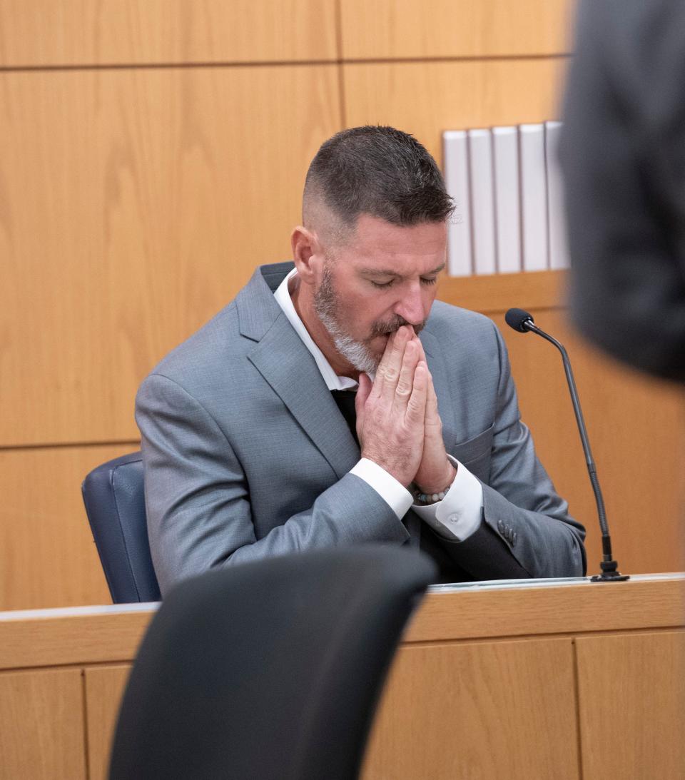 David Aaron Ohlson fights back tears on Wednesday, June 28, 2023,  as he recalls the night his wife was shot and killed by their son David Allan Ohlson in 2022. 