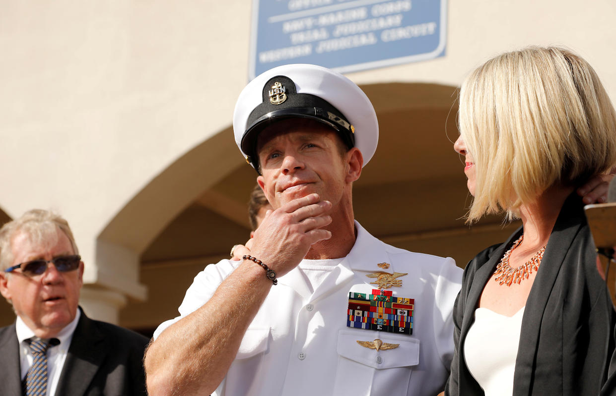 U.S. Navy SEAL Special Operations Chief Edward Gallagher prepares to answer a question from the media with wife Andrea Gallagher after being acquitted on most of the serious charges against him during his court-martial trial at Naval Base San Diego in San Diego, California, U.S., July 2,  2019.  (Photo: John Gastaldo/Reuters)