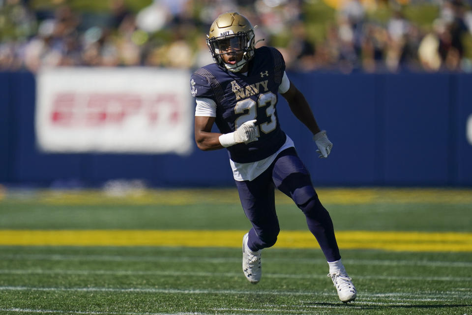 Navy wide receiver Vincent Terrell Jr. runs a route against Houston during the first half of an NCAA college football game, Saturday, Oct. 22, 2022, in Annapolis, Md. (AP Photo/Julio Cortez)