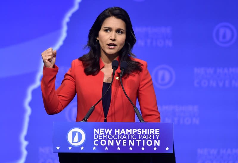 FILE PHOTO: Democratic 2020 U.S. presidential candidate and U.S. Representative Tulsi Gabbard (D-HI) speaks at the New Hampshire Democratic Party state convention in Manchester