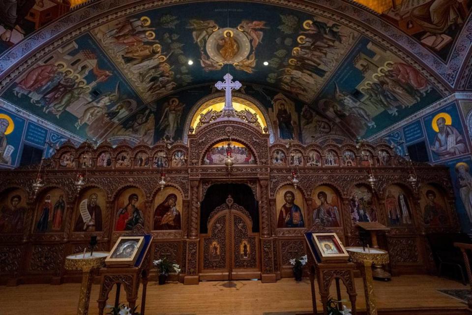 A sacred partition in Christ the Savior Orthodox Cathedral serves as a boundary between the nave and the sanctuary, symbolizing separation between the worldly and the holy.