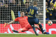 <p>Dario Benedetto of Boca Juniors scored his side’s first goal against River Plate as the Copa Libertadores final was played outside South America for the first time in Madrid (Manu Fernandez/AP) </p>