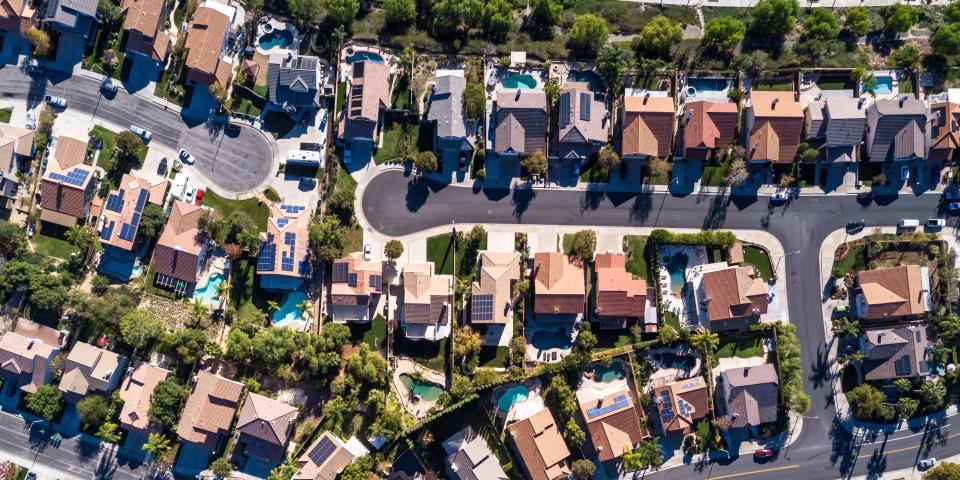 An aerial shot of a suburban housing development in Southern California