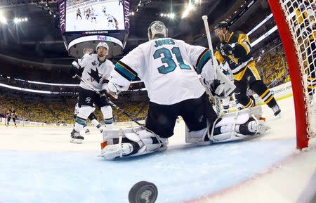 Pittsburgh Penguins right wing Patric Hornqvist (72) celebrates after the game-winning goal by Conor Sheary (not pictured) past San Jose Sharks goalie Martin Jones (31) in the overtime period in game two of the 2016 Stanley Cup Final at Consol Energy Center. Bruce Bennett/Pool Photo via USA TODAY Sports