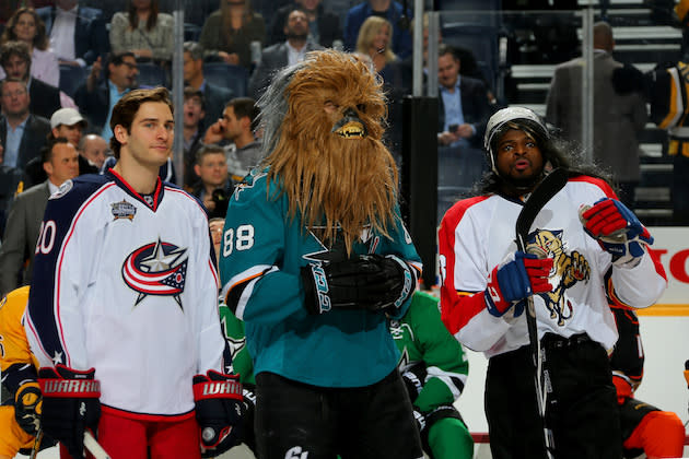 NASHVILLE, TN - JANUARY 30: (L-R) Brandon Saad #20 of the Columbus Blue Jackets, Brent Burns #88 of the San Jose Sharks, and P.K. Subban #76 of the Montreal Canadiens look on in the DraftKings NHL Accuracy Shooting during the 2016 Honda NHL All-Star Skill Competition at Bridgestone Arena on January 30, 2016 in Nashville, Tennessee. (Photo by Bruce Bennett/Getty Images)