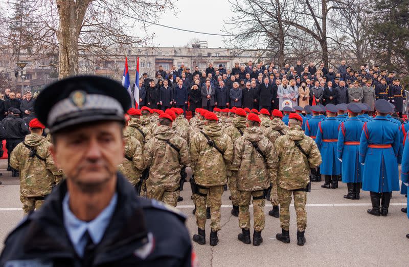 Police march during parade celebrations to mark their autonomous Serb Republic's national holiday, in Banja Luka