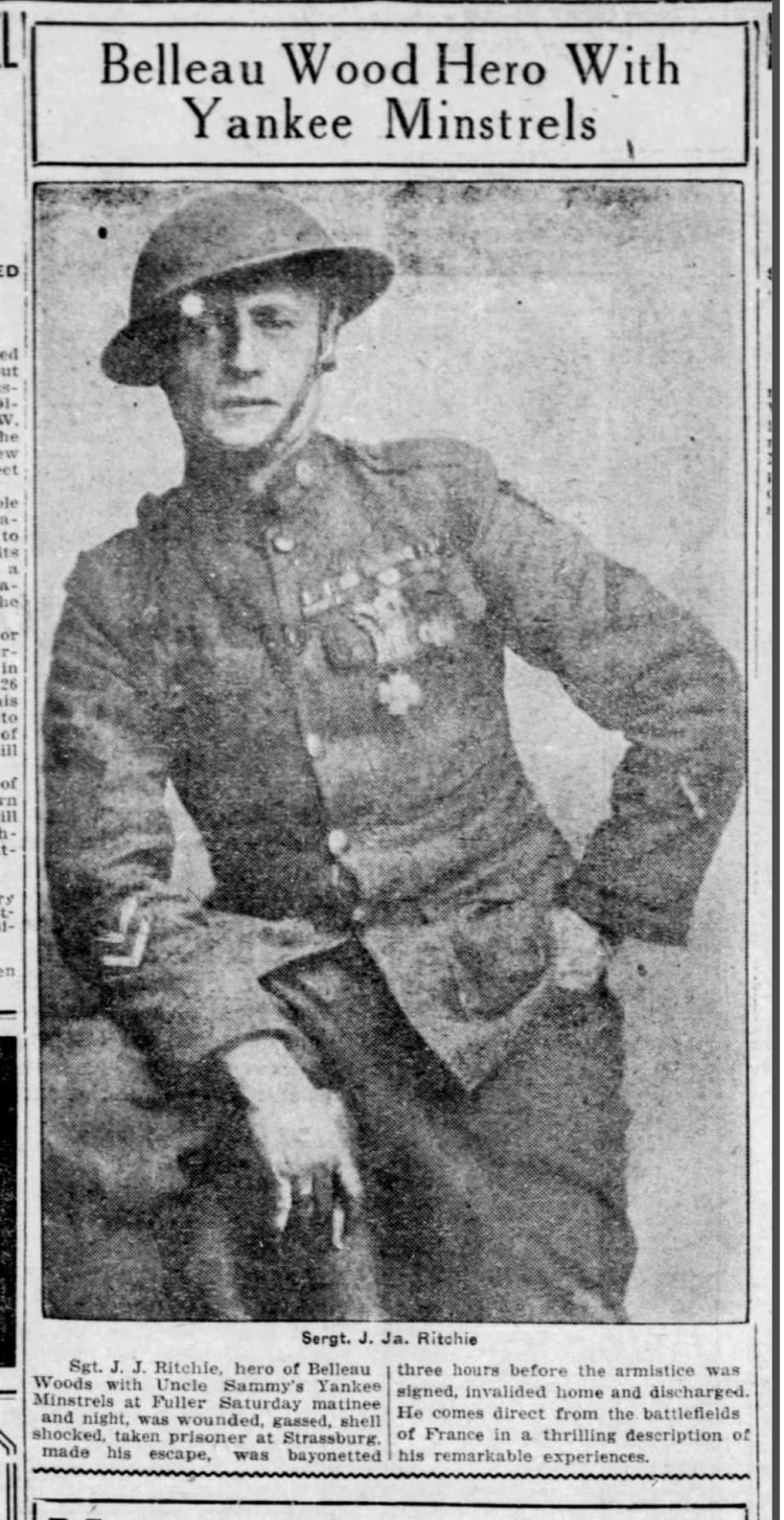 Sargent J.J. Ritchie appeared at the Cheboygan Opera House with the Yankee Minstrals, sharing his exploits in World War I. Courtesy Wisconsin State Journal