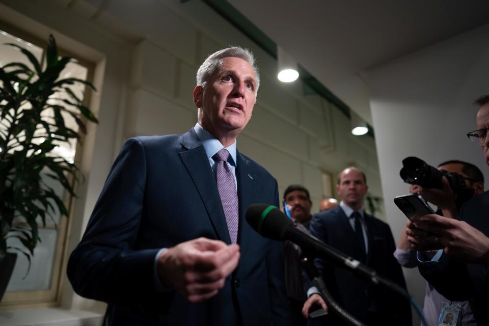 Speaker of the House Kevin McCarthy, R-Calif., talks to reporters after a closed-door meeting with Rep. Matt Gaetz, R-Fla., and other House Republicans after Gaetz filed a motion to oust McCarthy from his leadership role, at the Capitol in Washington, Tuesday, Oct. 3, 2023.