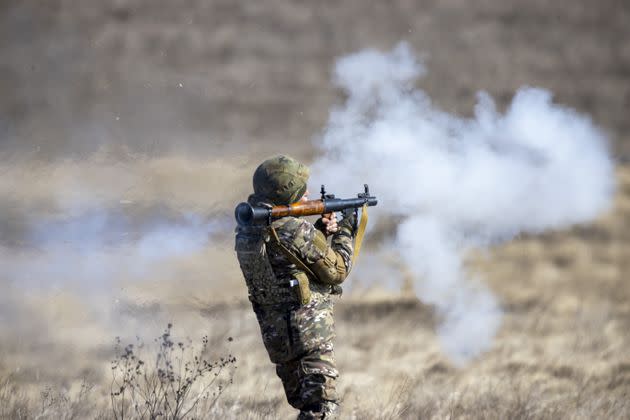 Ukrainian soldiers are seen during their shooting training at the front with U.S.-made weapons in Zaporizhzhia on March 4, 2023.