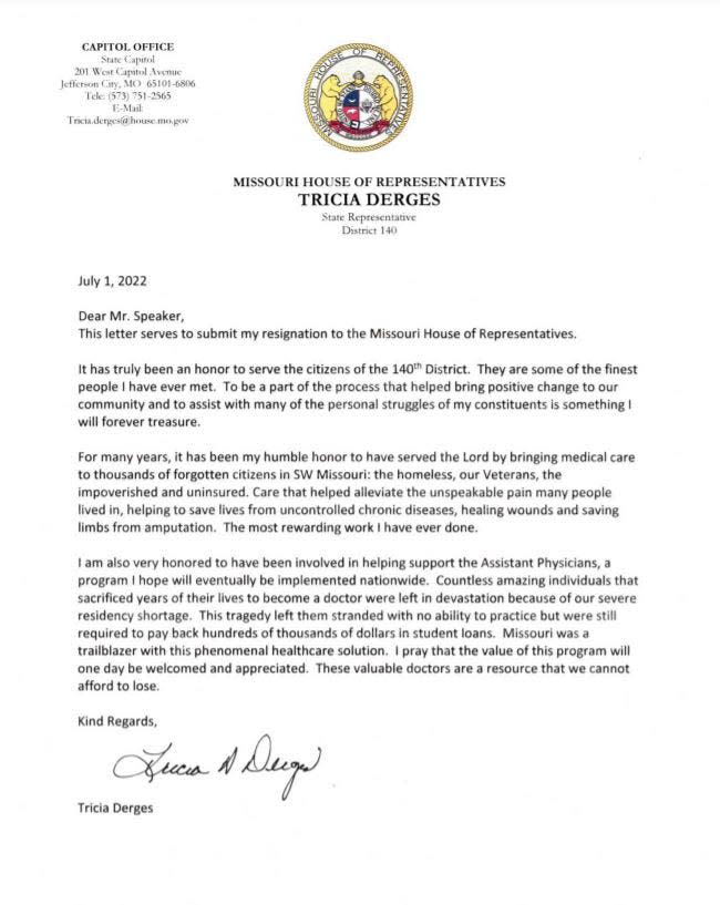 Rep. Tricia Derges' resignation letter from the Missouri House.