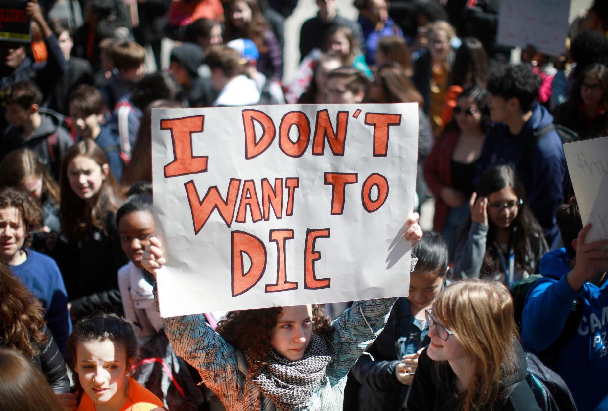 Students take part in a rally for National School Walkout Day to protest school violence on April 20, 2018 in Chicago, Illinois. Students from around the nation joined in the walkout against gun violence on the 19th anniversary of the shooting at Columbine High School.