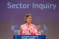 EU Commissioner for Competition Margrethe Vestager holds a news conference at the European Commission in Brussels