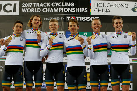 Cycling - UCI Track World Championships - Men's Team Pursuit, Final - Hong Kong, China – 13/4/17 - Team Australia celebrate with gold medals. REUTERS/Bobby Yip