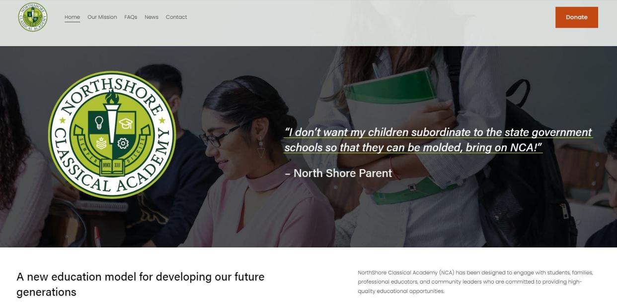 The website for the nascent NorthShore Classical Academy solicits donations for building a private high school in Ozaukee County, using a stock image.