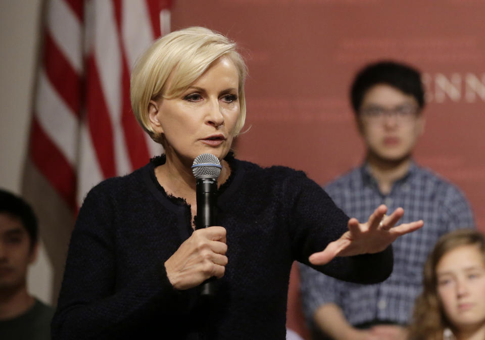 FILE - MSNBC television anchor Mika Brzezinski, co-host of the show "Morning Joe," takes questions from an audience at a forum, Oct. 11, 2017, in Cambridge, Mass. If President Joe Biden successfully resists some extraordinary calls in the media to abandon his reelection effort following last week's debate, he may reflect on the moment Brzezinski looked into the camera, Monday, July 1, 2024, to begin a 15-minute essay of support. (AP Photo/Steven Senne, File)