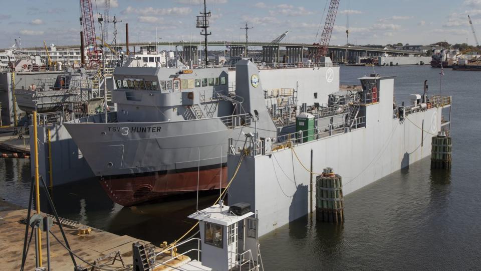 The USNS Hunter prepares to undock at Lyons Shipyard Inc. in Norfolk, Virginia, in November 2019. The Mid-Atlantic Regional Maintenance Center managed the ship's maintenance Availability. (Hendrick L. Dickson/Navy)